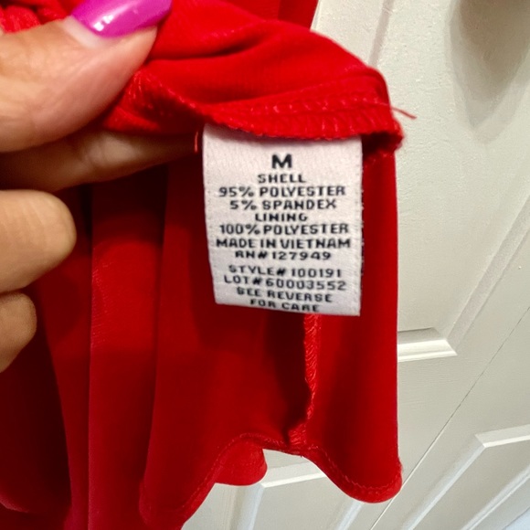 3/15 💚 Emma & Michele Red Midi Belted Faux Wrap Dress Bell Sleeves Scoop Neck - Picture 6 of 9